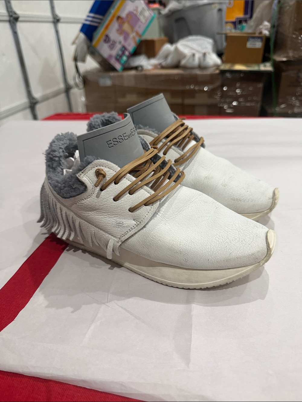 Esseutesse White Leather Low-Top Sneakers with Gray Shearling Collar Tan Laces